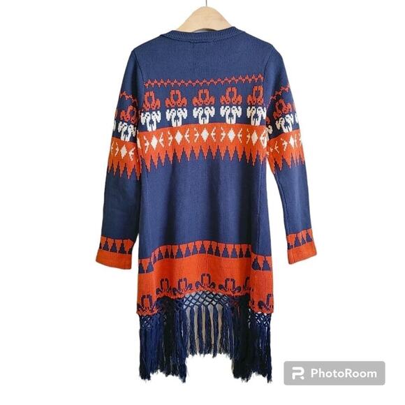 Papillon Boho Aztec Orange and Blue Open Front Collegiate Auburn Cardigan Sz M - Picture 2 of 9